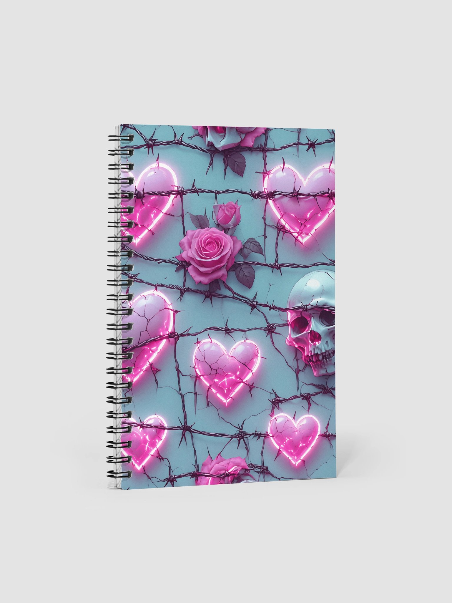 Neon Barbed Rose Heart Spiral Notebook - Glow Pink Hearts & Roses 140-Page Dotted Journal product image (1)
