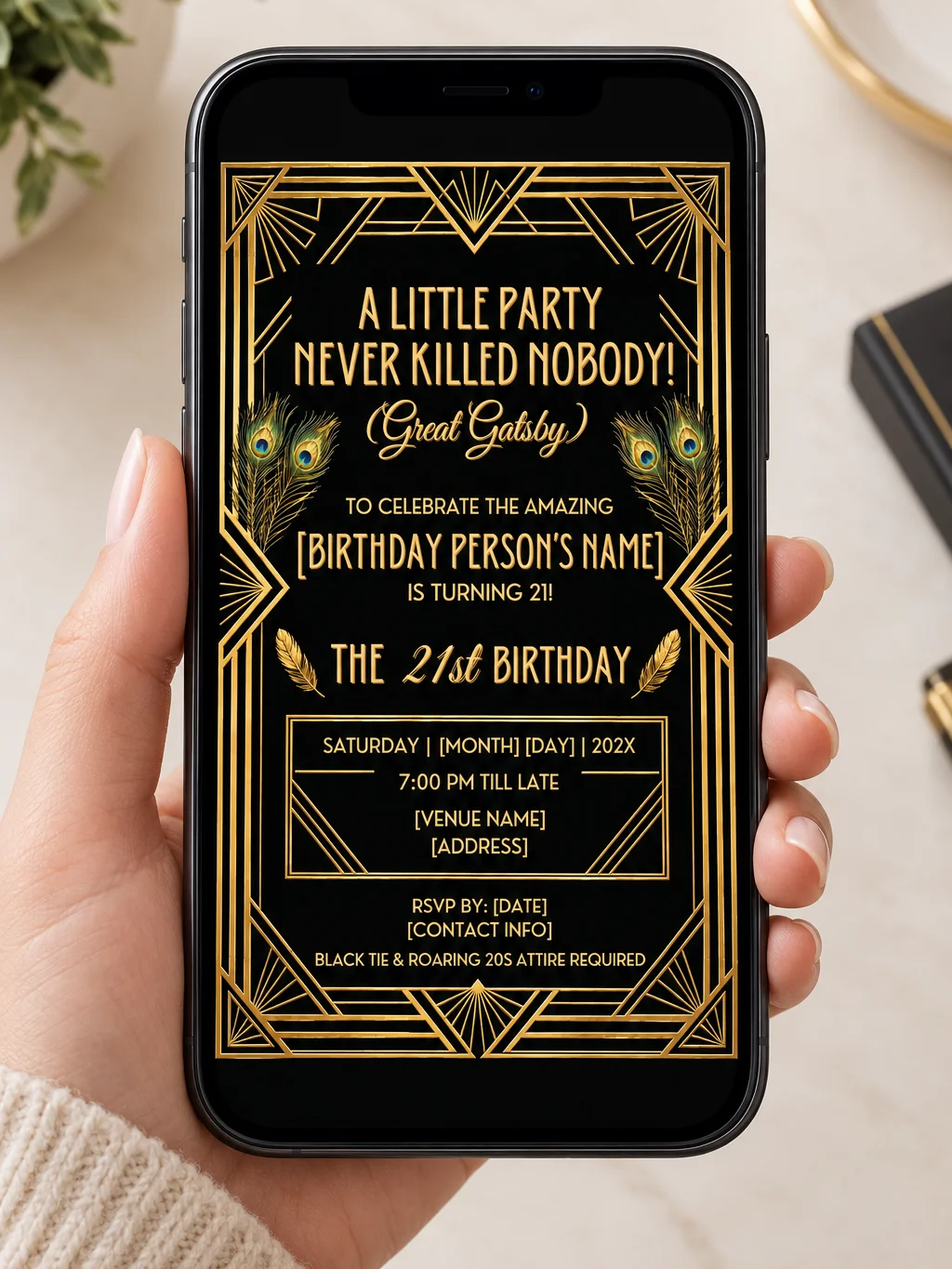 21st Birthday Invitation Template, Editable Gatsby Milestone Invite, Printable Art Deco Party, Canva Instant Download Digital product image (3)