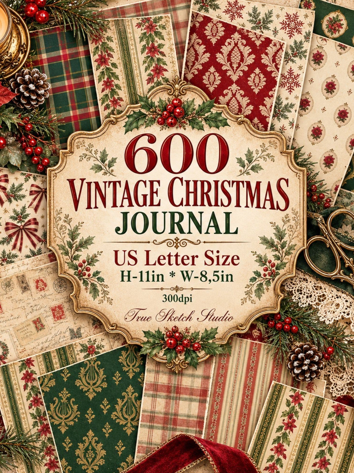 600 Vintage Christmas Junk Journal Pages, Victorian Ephemera, Antique Holiday Backgrounds, Printable Scrapbook Digital Paper Bundle, 300 DPI product image (1)