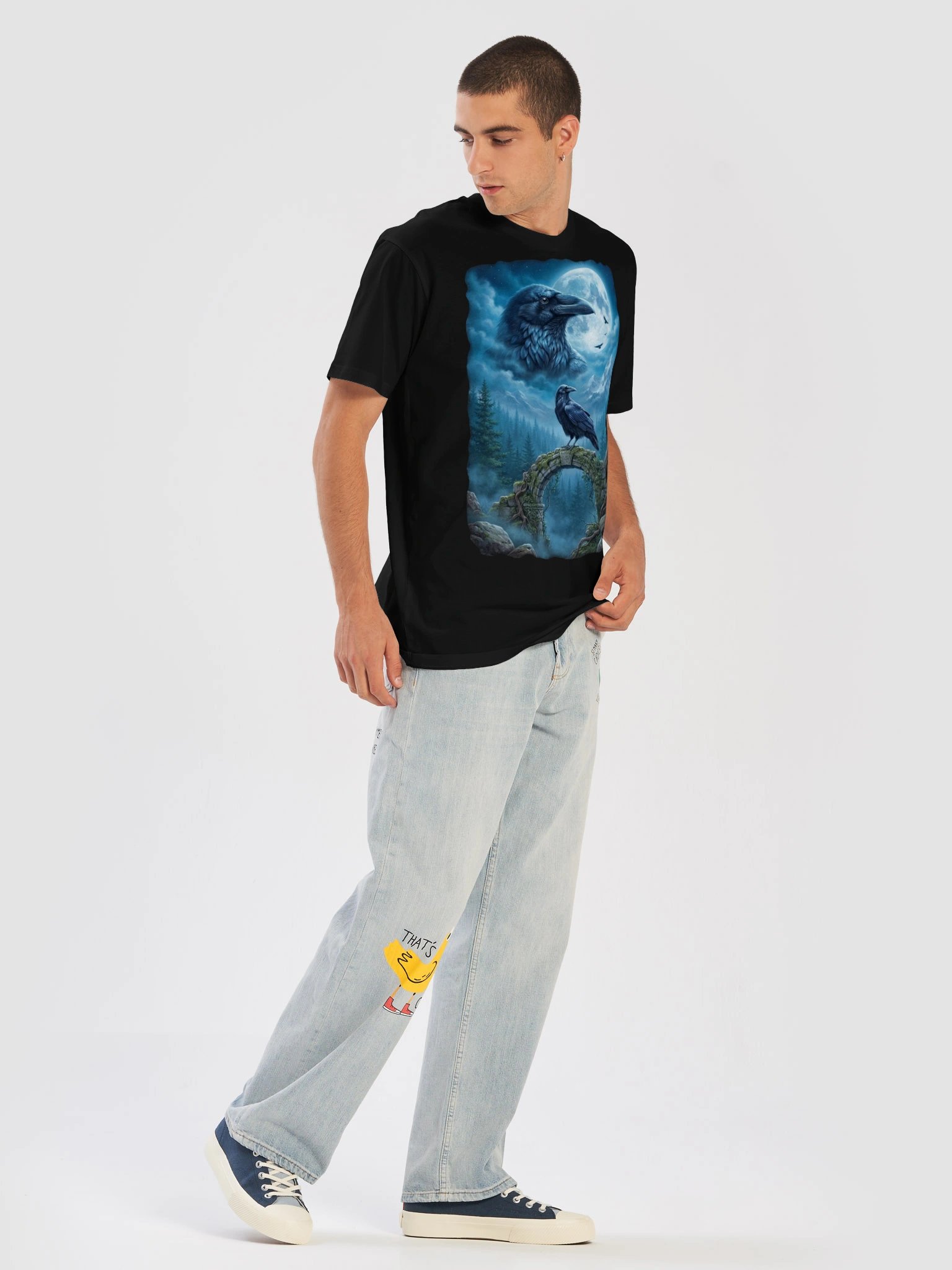 Moonlit Raven Airbrush Graphic Tee | Vintage Wildlife Shirt product image (9)