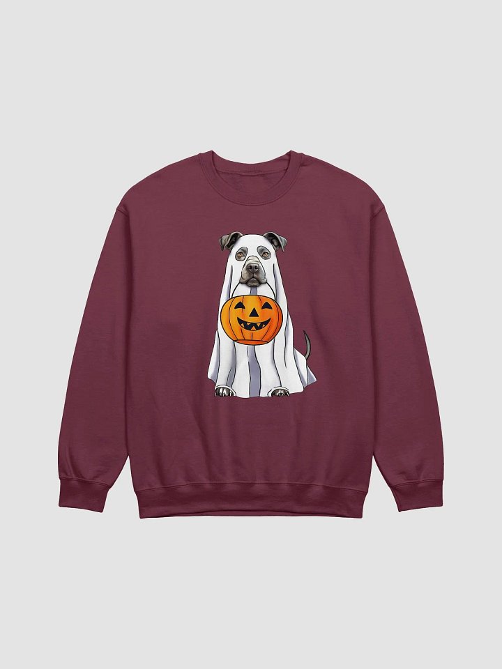 Pitbull(Blue/Gray) Halloween Sweatshirt | Funny Halloween Staffordshire Wearing a Ghost Costume with Pumpkin Basket product image (1)