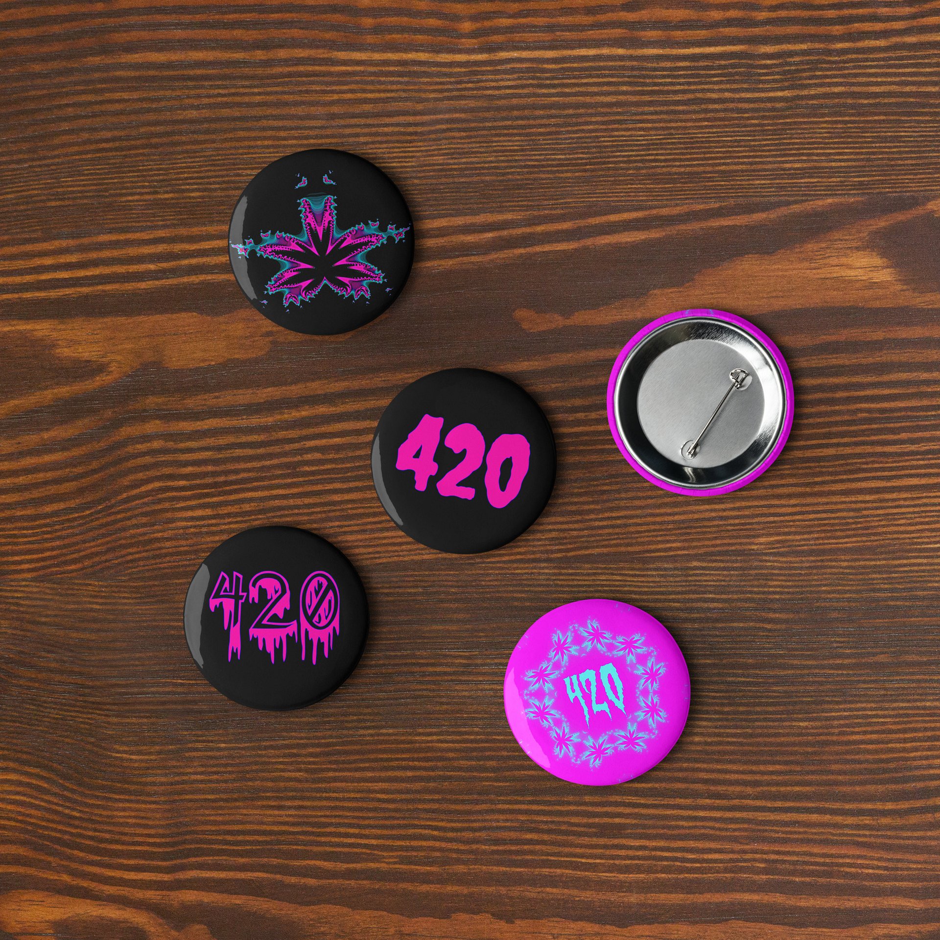 Creepy Cannabis 420 Pins, Black Blue Pink Pot Leaf Art Pin Button Set product image (7)
