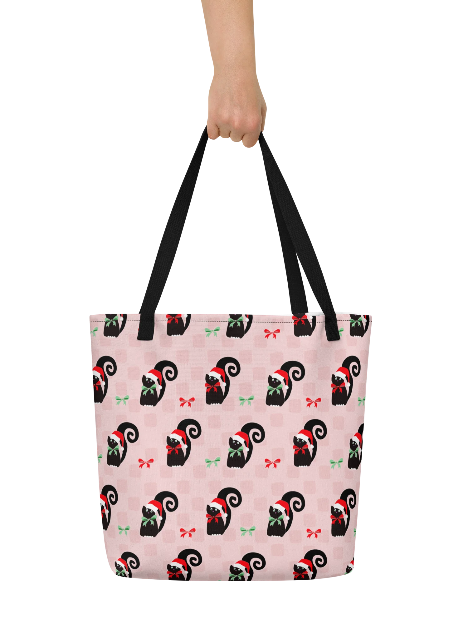 Black Christmas Kitties On Pink Checkerboard – Large Tote Bag product image (6)