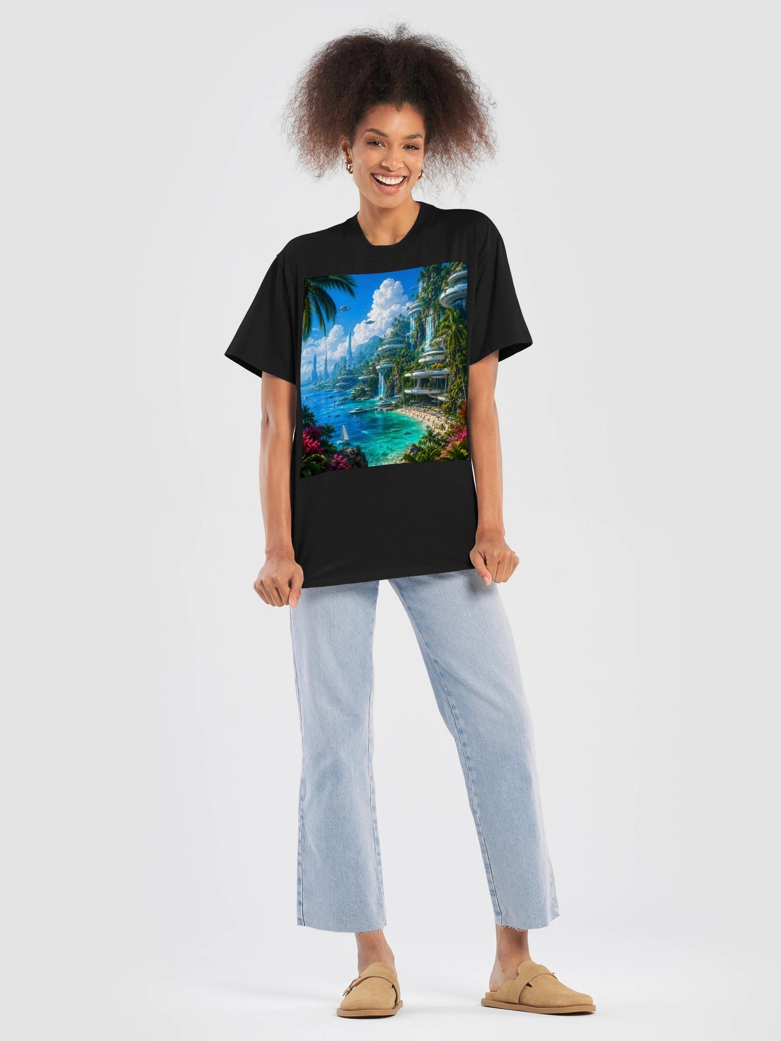 Futuristic Tropical T-Shirt | Cyberpunk Paradise Unisex Oversized Black Tee | Sci-Fi Beach Shirt product image (8)