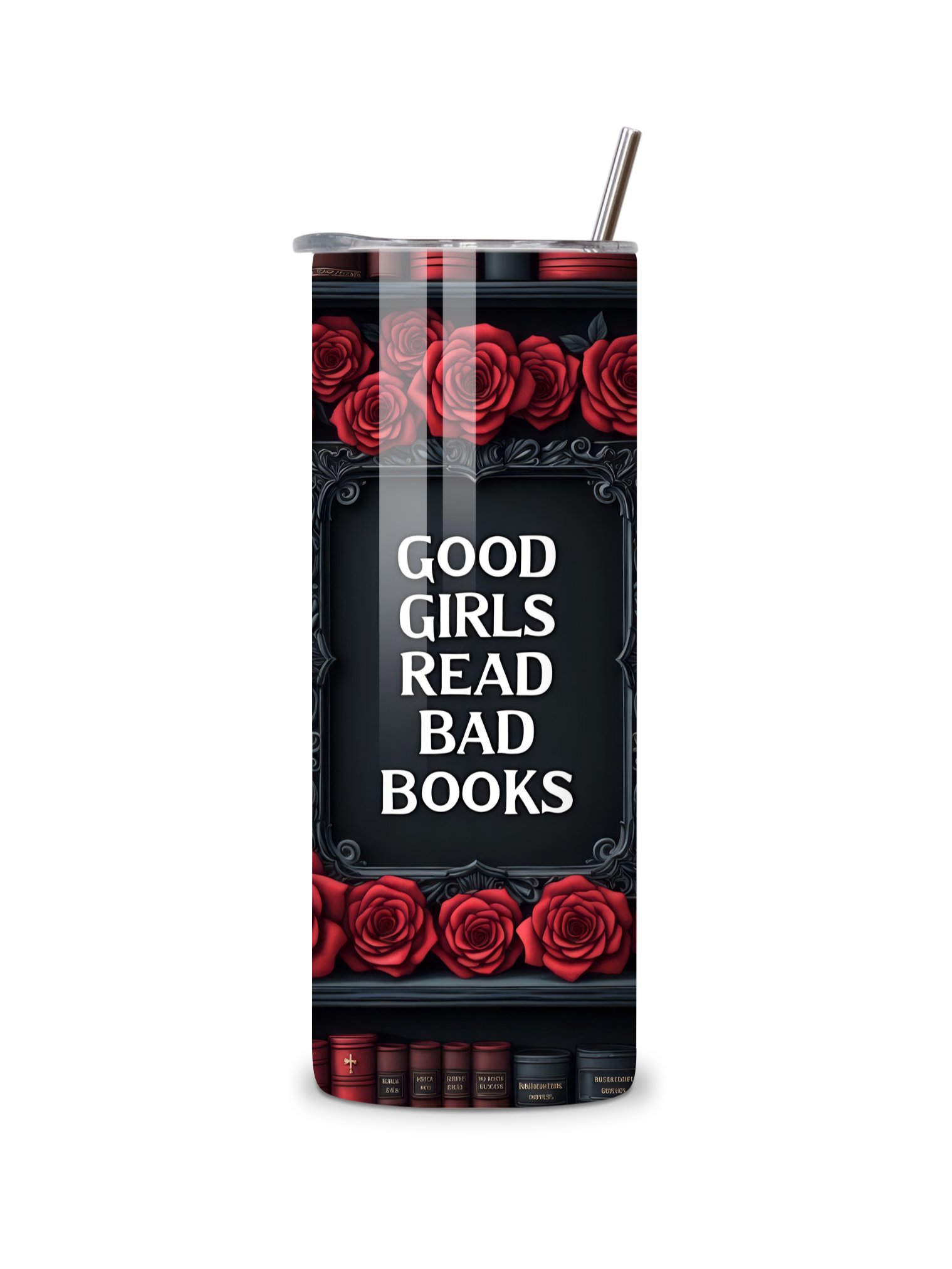 Goth 20oz Skinny Tumbler with Metal Straw – Elegant Red Rose and Library Design – Double-Walled Insulated Stainless Steel Tumbler for Hot & Cold Drinks, Gift for Goth Book Lover product image (3)