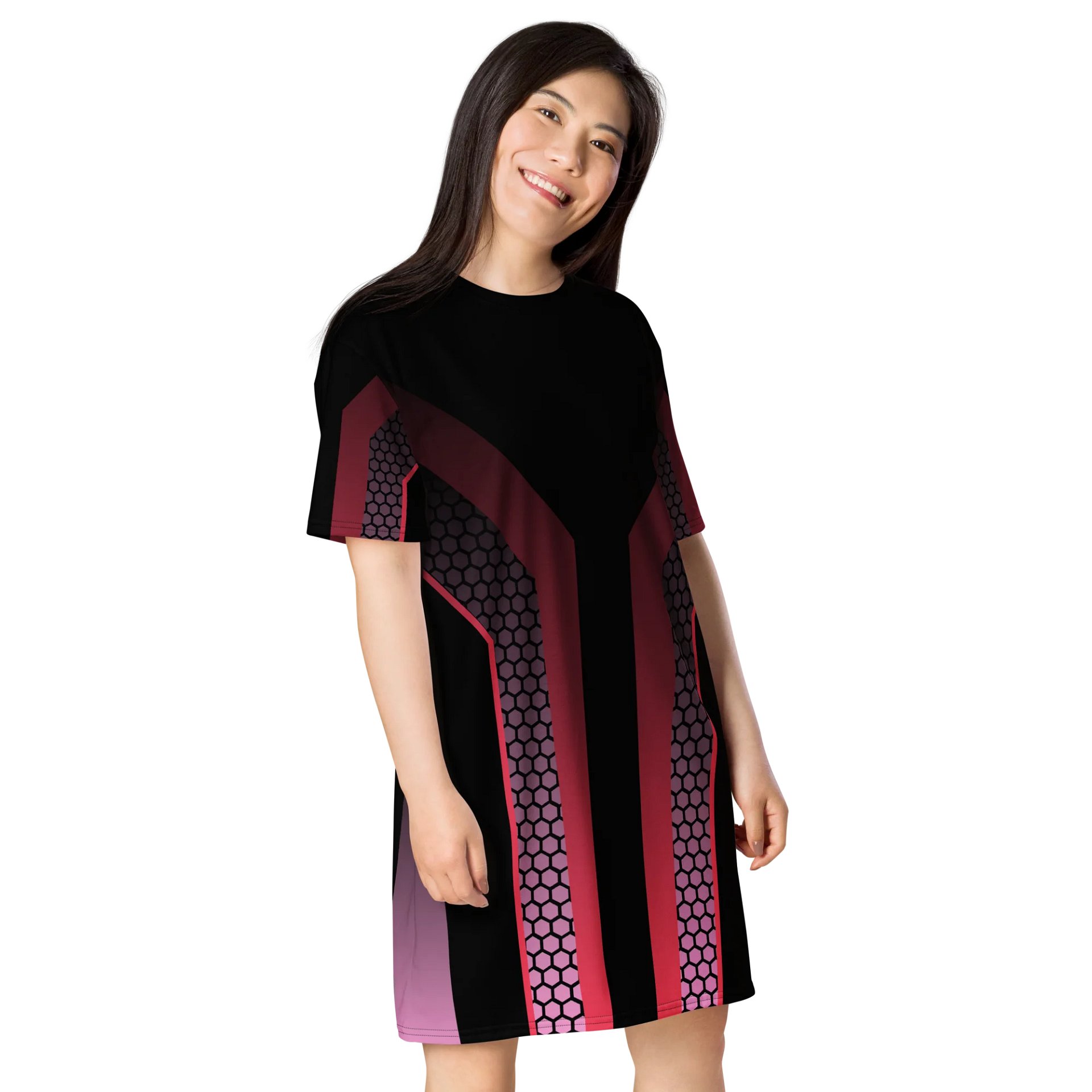 Exclusive Oversized T-Shirt Dress with Hexagonal Pattern in Pink and Magenta - Stretchy Fabric, Sizes 2XS-6XL product image (4)