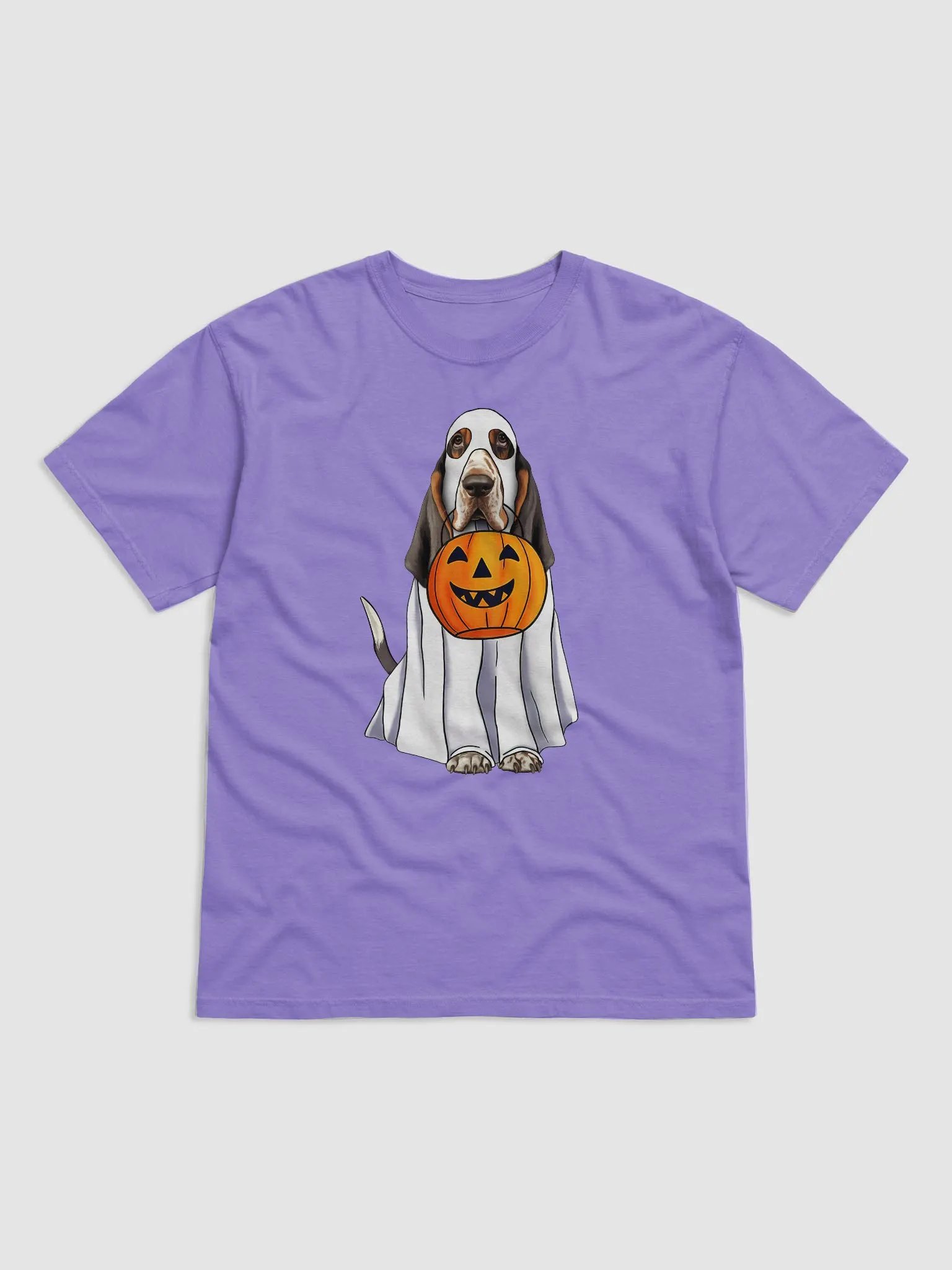 Basset Hound(Tricolor) Halloween Tee | Funny Halloween Basset Hound Wearing Ghost Costume with Pumpkin Basket product image (1)