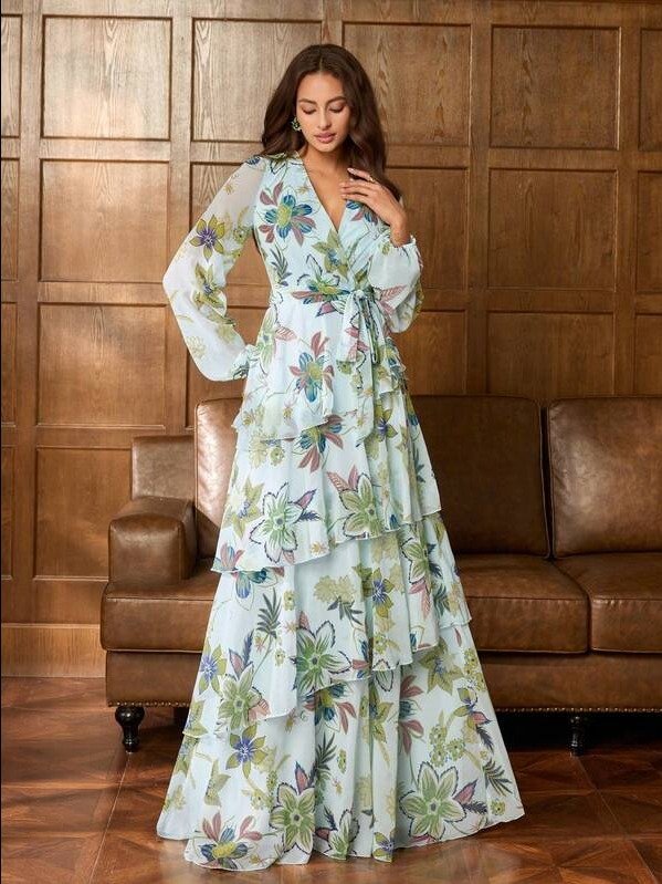 ADLEST Elegant Women's Crossed V-Neck Flare Sleeve Maxi Dress: Romantic Floral Print Dress, Layered Ruffle Hem product image (1)