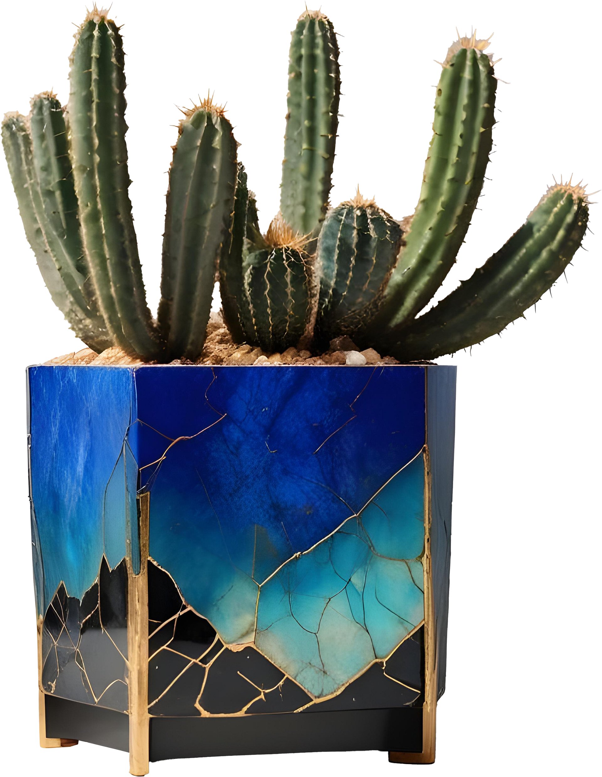 Kintsugi Elegance – Blue Gradient Planter with Gold Repair PNG product image (1)