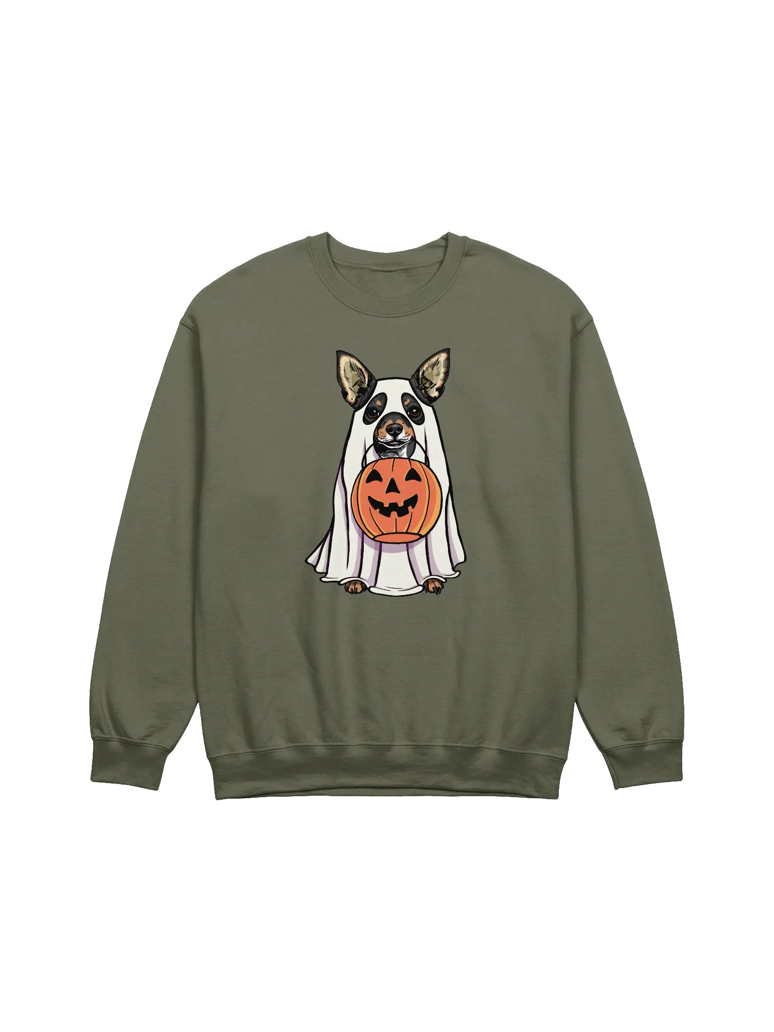 Funny Halloween Chihuahua(Tricolor) Sweatshirt | Funny Chihuahua Wearing a Ghost Costume and Holding a Pumpkin Basket product image (1)