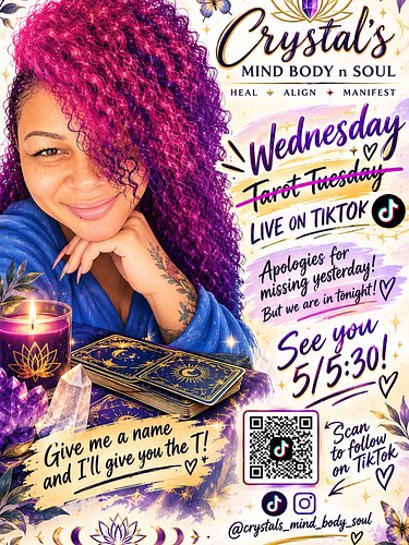 ✨🔮 **TAROT WEDNESDAY IS HERE!** 🔮✨

Y’all, apologies for missing yesterday! 🥹💜 But we’re back TONIGHT, and I’ll see you aroun...