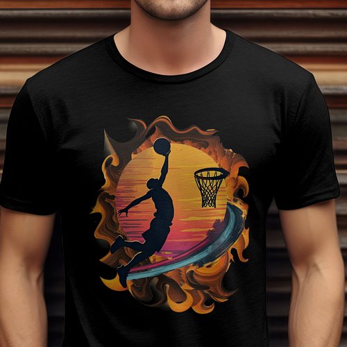 This dynamic design captures the powerful moment of a basketball player mid-air, shooting the basketball toward the hoop with...