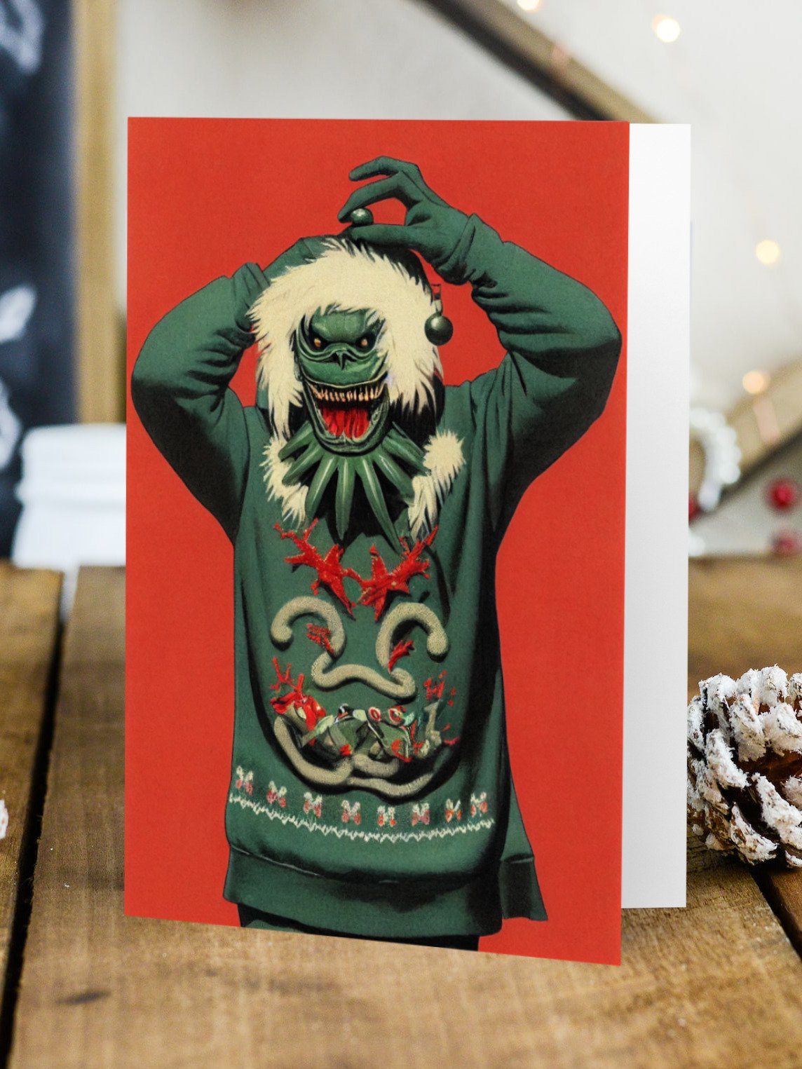 Retro Swamp Creature Ugly Sweater Christmas Cards Pack of 10 • 5×7 product image (1)