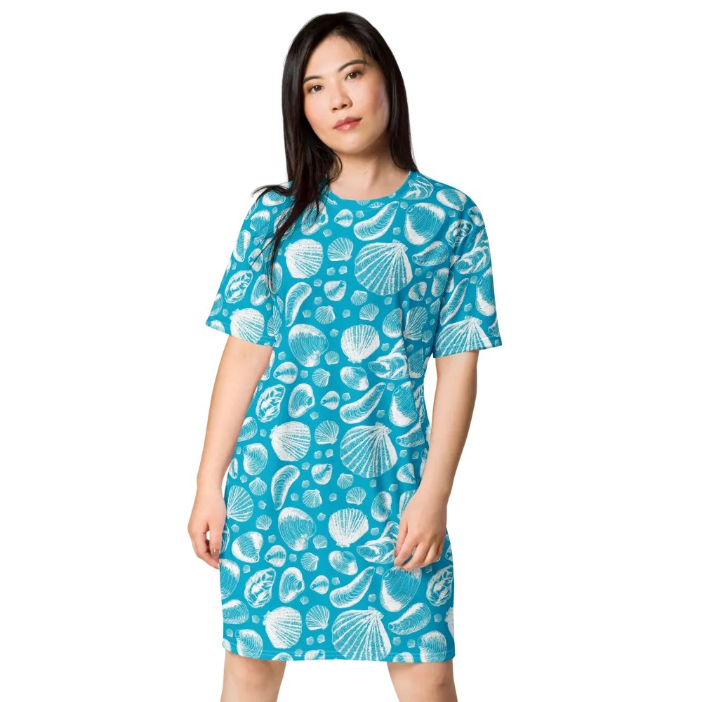 New England Tidal Treasures | T-Shirt Dress | Seashell Print, Oversized & Comfy | White on Cyan Blue product image (1)
