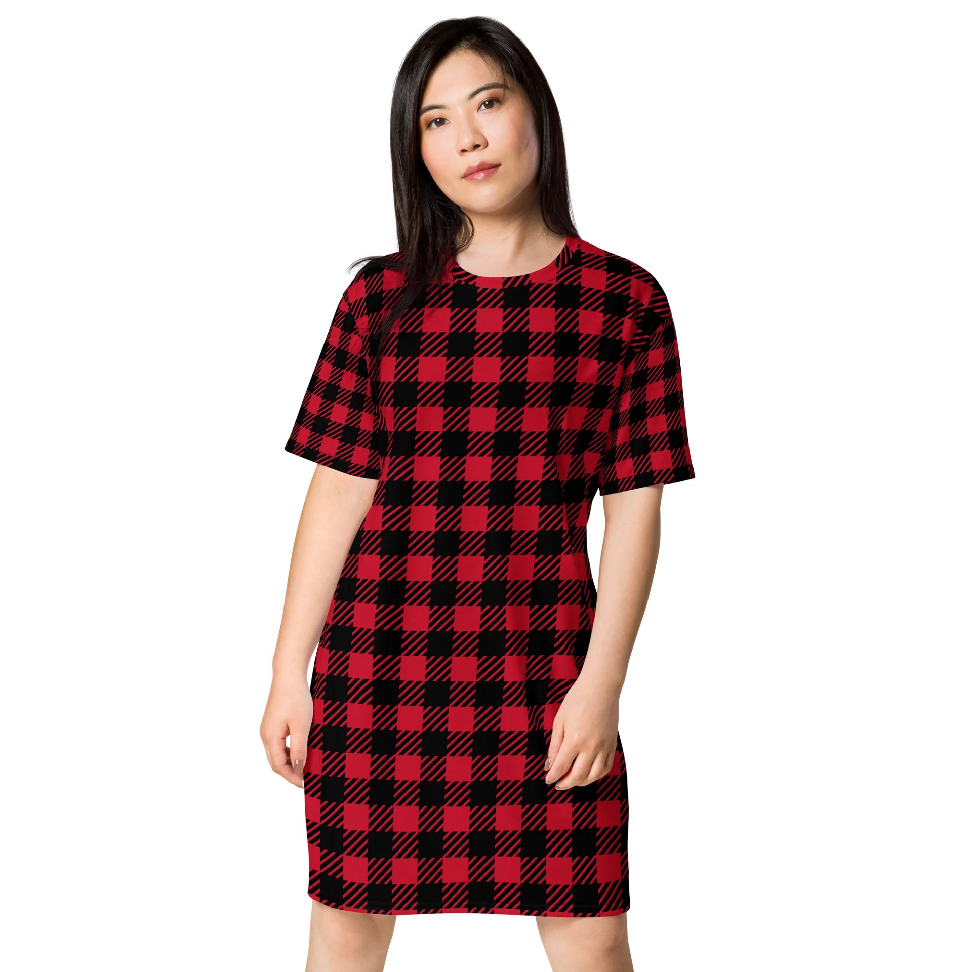 Red & Black Buffalo Plaid Oversized T-Shirt Dress | TDS Music product image (1)
