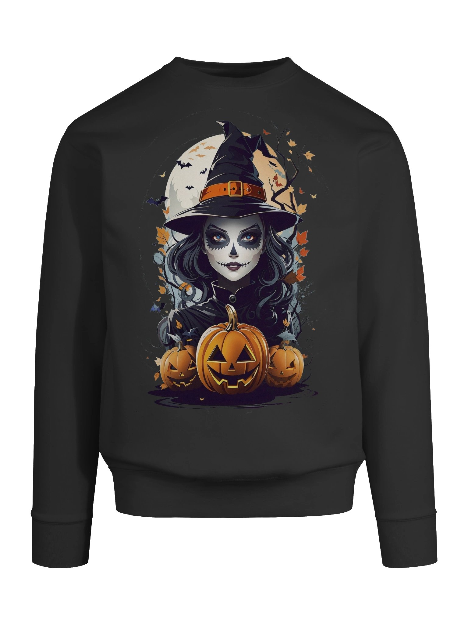 Witch and Pumpkins Sweatshirt – Gothic Halloween Pullover, Spooky Witch & Jack-o’-Lanterns Sweater product image (9)