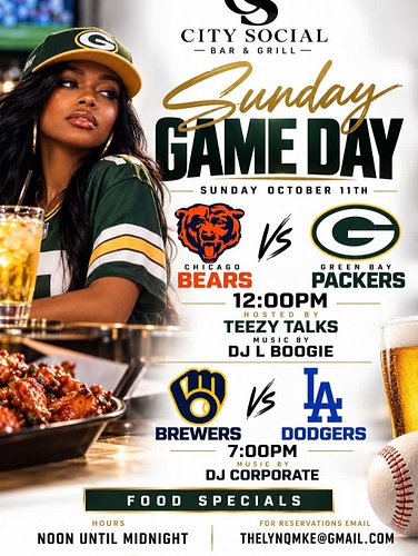 This Sunday it’s Gametime @city_socialmke w/ my special guest host @teezytalks pull up and cheer your team on! Soul food dinn...