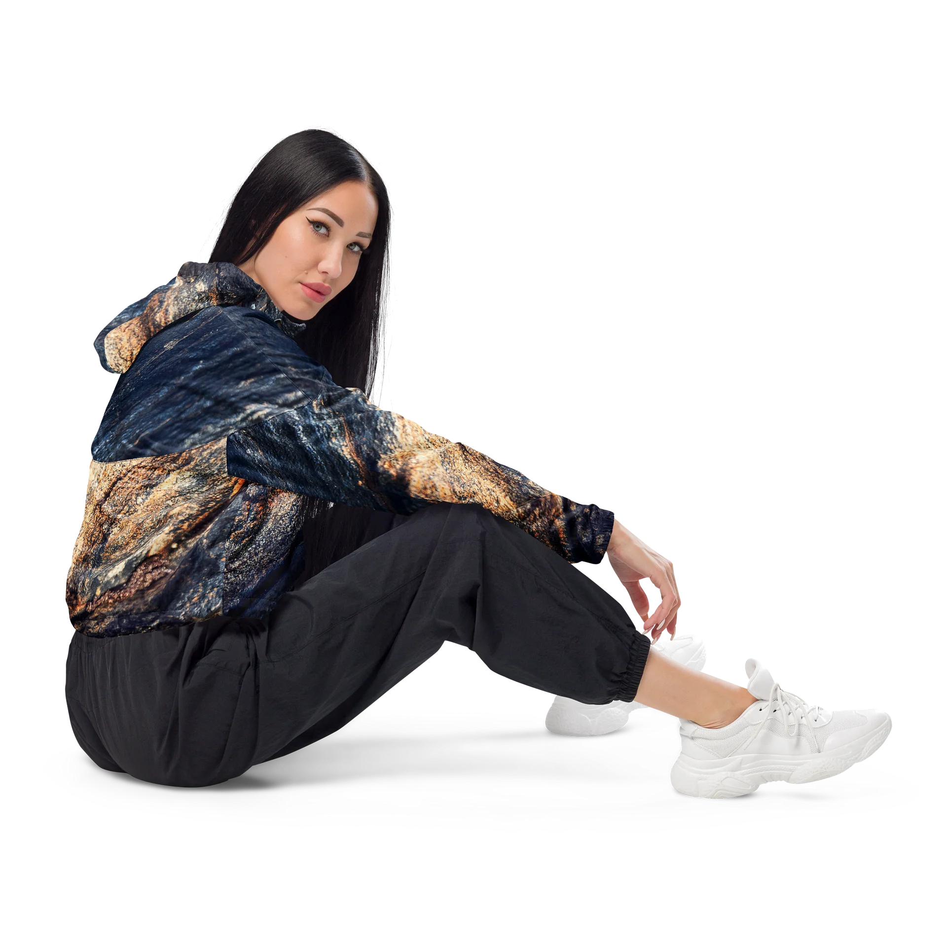 Obsidian Vein Women's All-Over Print Dark Mineral Cropped Windbreaker product image (4)