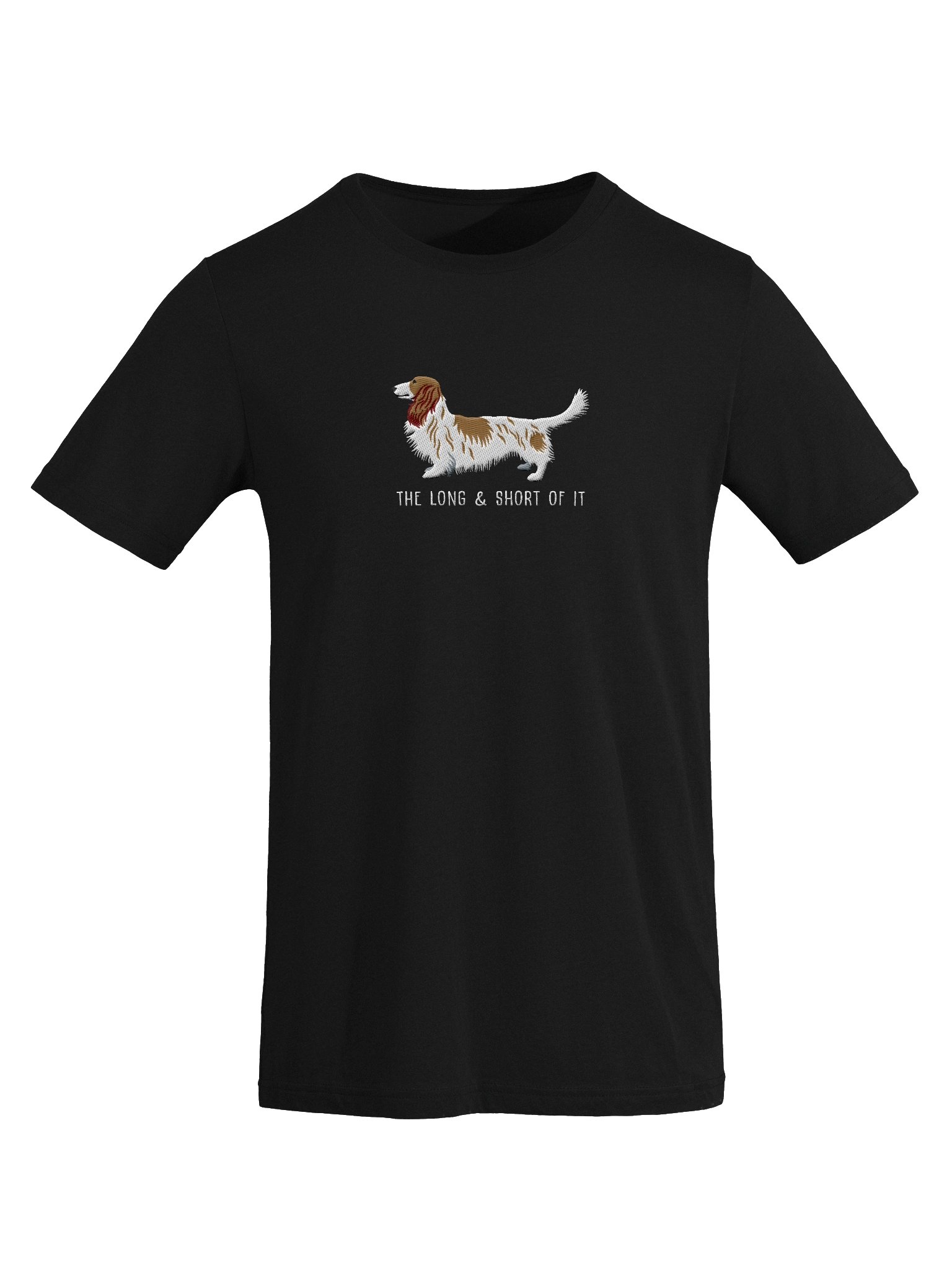 The Long & Short of It T-Shirt(Embroidered) of a Longhaired Dachshund(Pied Brown & White) product image (46)