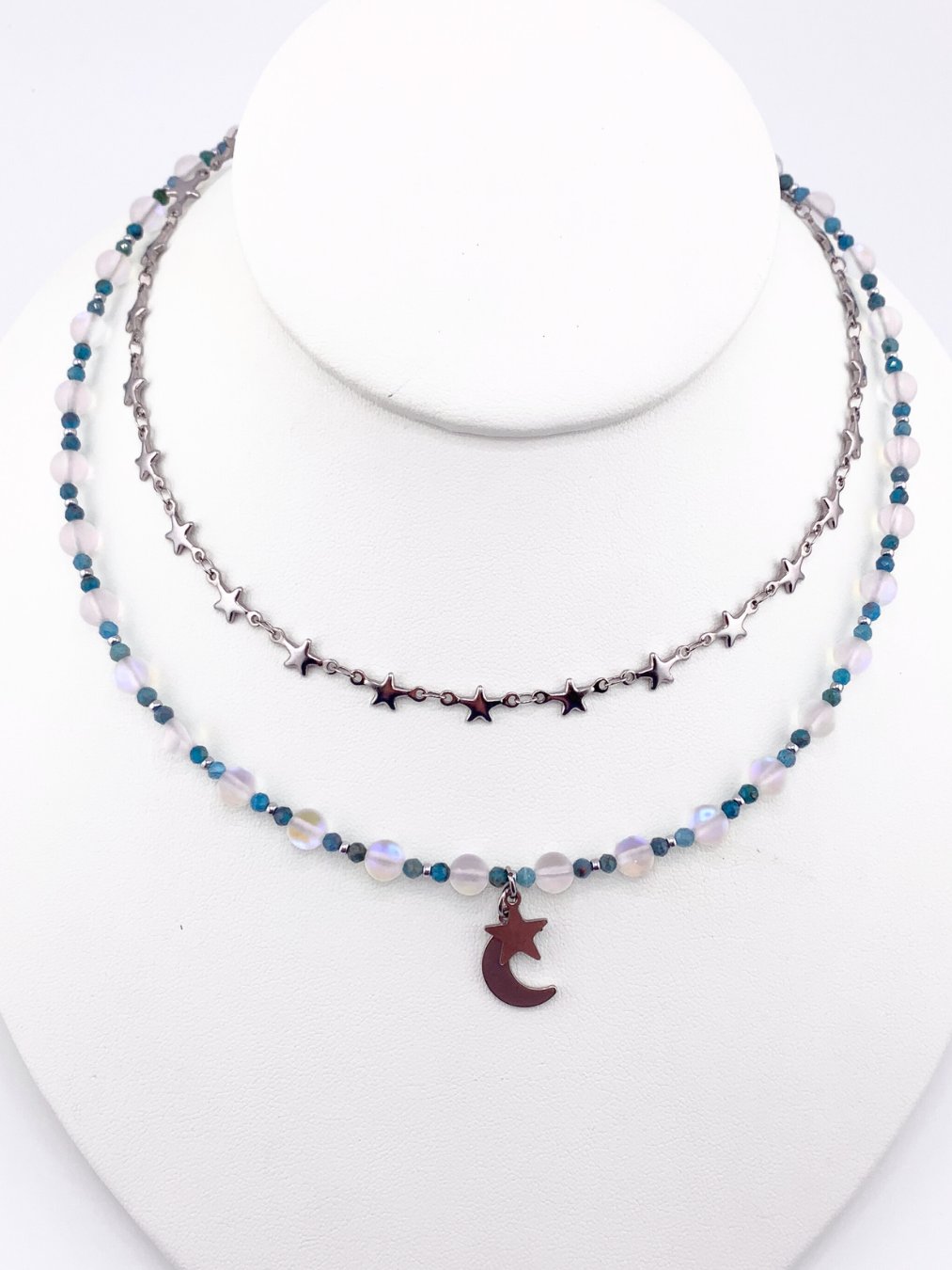 Apatite and Faux Moonstone Two-Strand Star Moon Necklace product image (1)