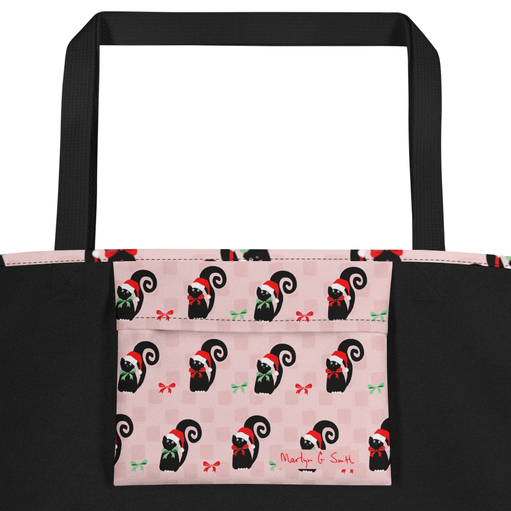 Black Christmas Kitties On Pink Checkerboard – Large Tote Bag product image (2)