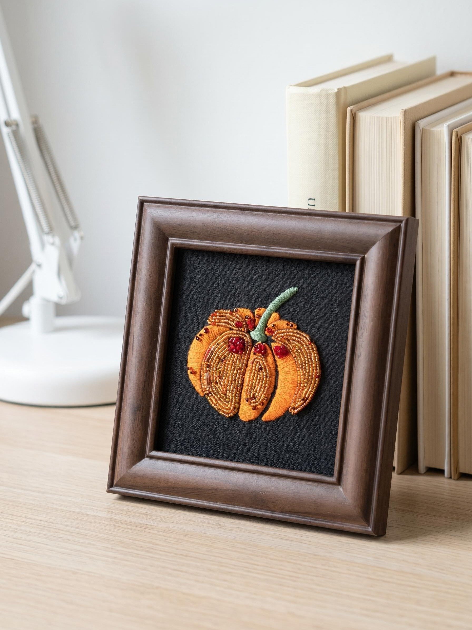 Fairy Tale Pumpkin Beaded Needlepoint Artwork in Rustic Open-Face Frame product image (2)