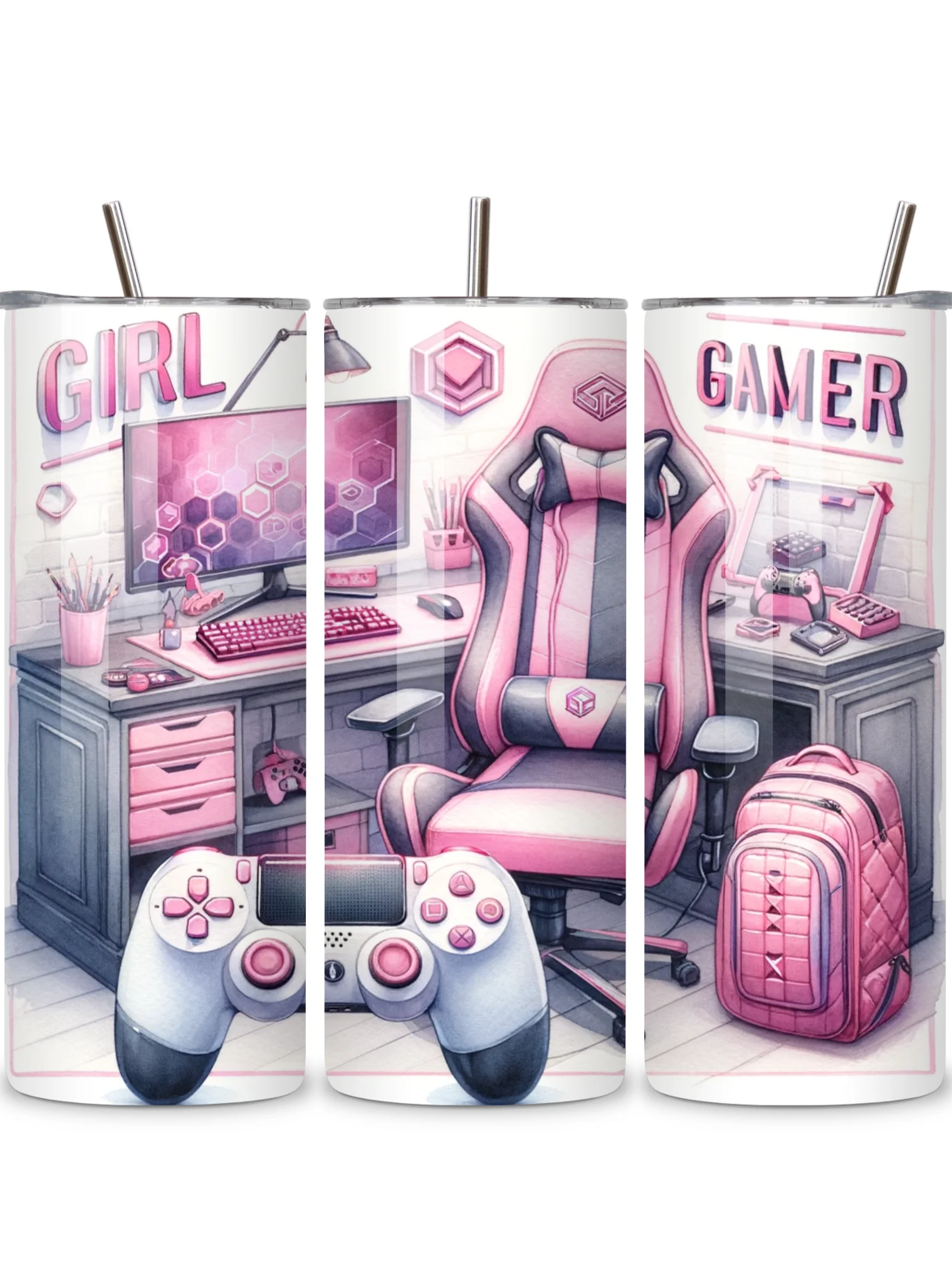 Girl Gamer 20oz Skinny Tumbler with Metal Straw – Stylish Pink Gaming Setup Design – Double-Walled Insulated Stainless Steel Tumbler for Hot & Cold Drinks, Perfect Gift for Female Gamers product image (1)