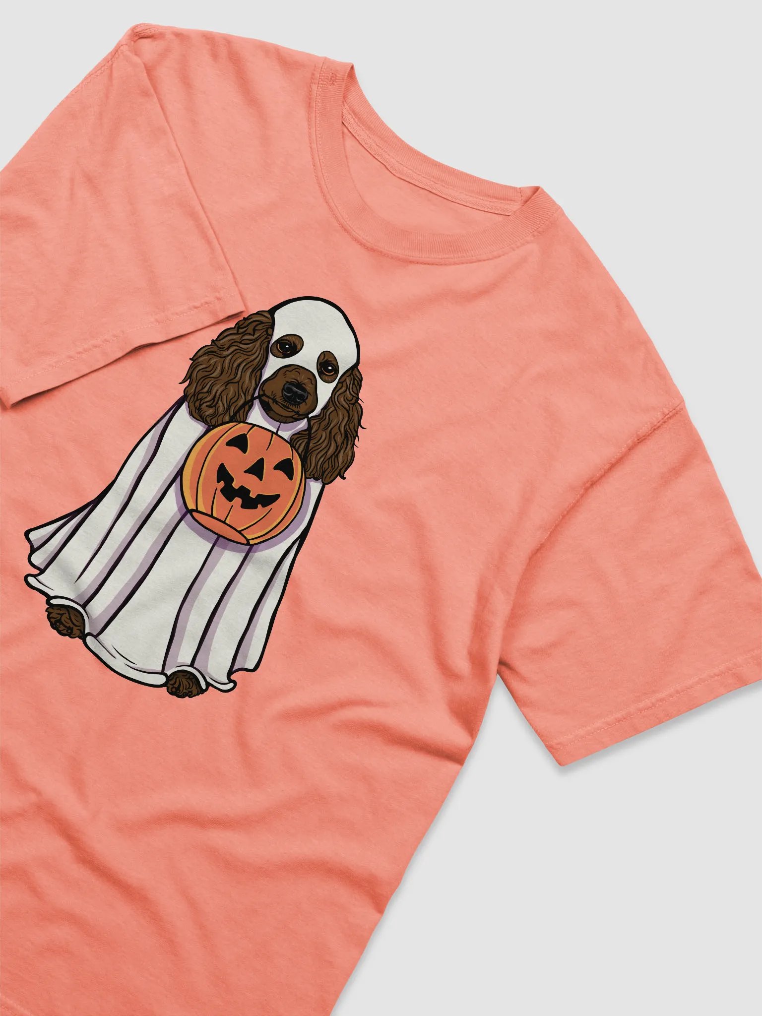 Funny Halloween Poodle(Black) T-Shirt | Funny Papillon Wearing a Ghost Costume and Holding a Pumpkin Basket product image (6)