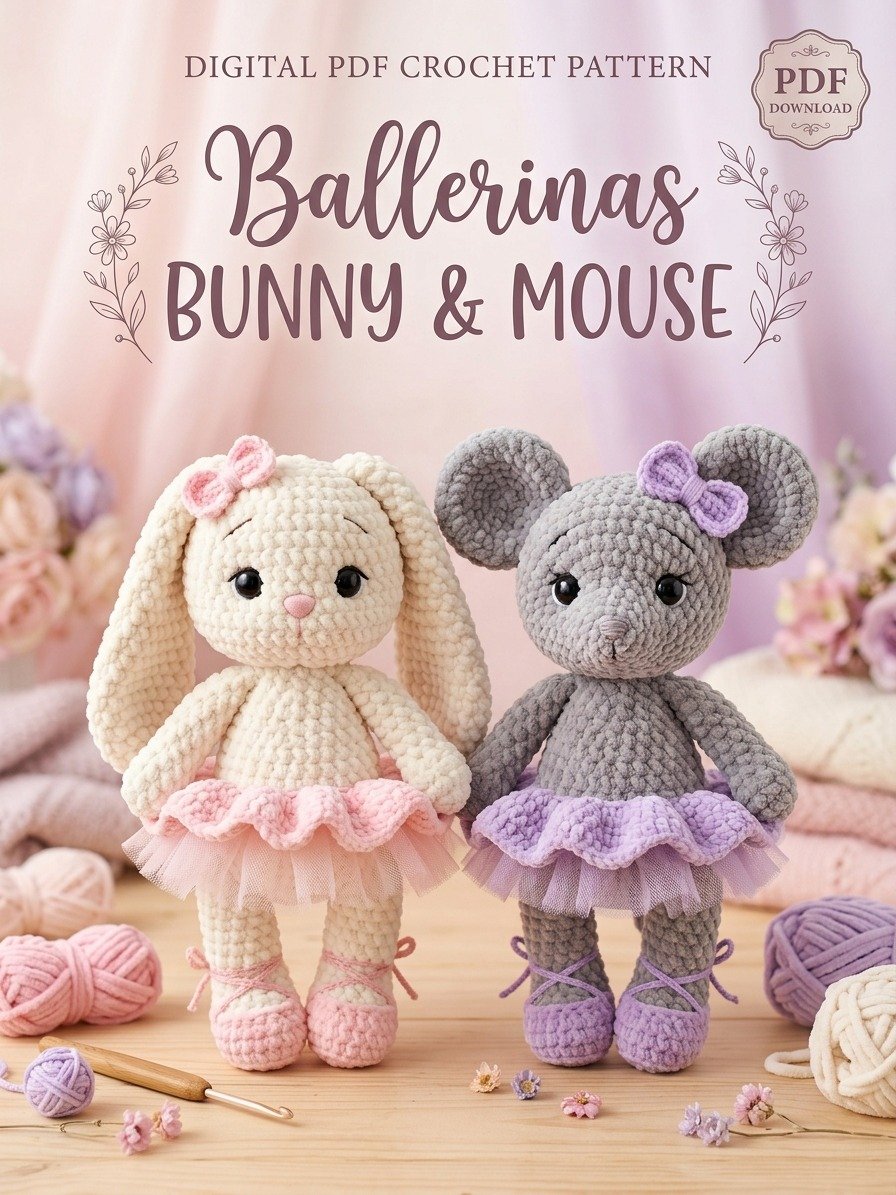 Ballerinas Bunny and Mouse Crochet Pattern PDF – Create Your Own Adorable Ballerina Dolls! 🐰🐭🩰 product image (1)