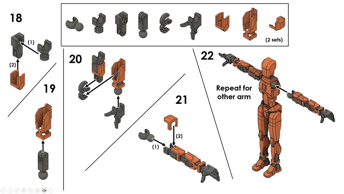Dummy 13 assembly, steps 18 to 22: arms
