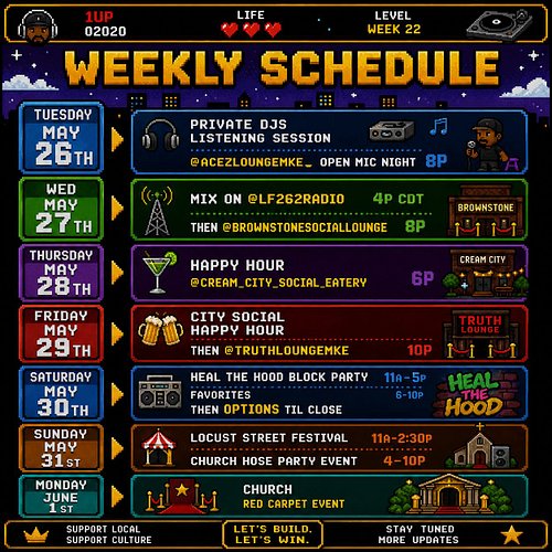 Hey Festival season is upon us so let the games begin ya dig… here is the schedule this week

Tuesday May 26th - private Djs ...