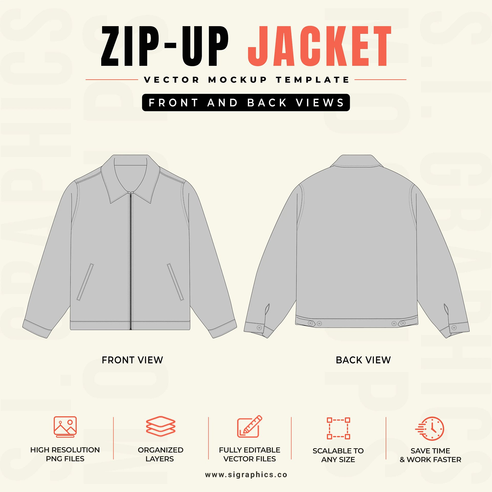 Zip-Up Jacket Vector Mockup Template – Front & Back Flats product image (2)