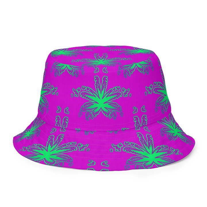 420 Stoner Summertime Reversible Bucket Hat, Cannabis Mint Green Purple Pink Pot Leaf Pattern Accessory product image (1)