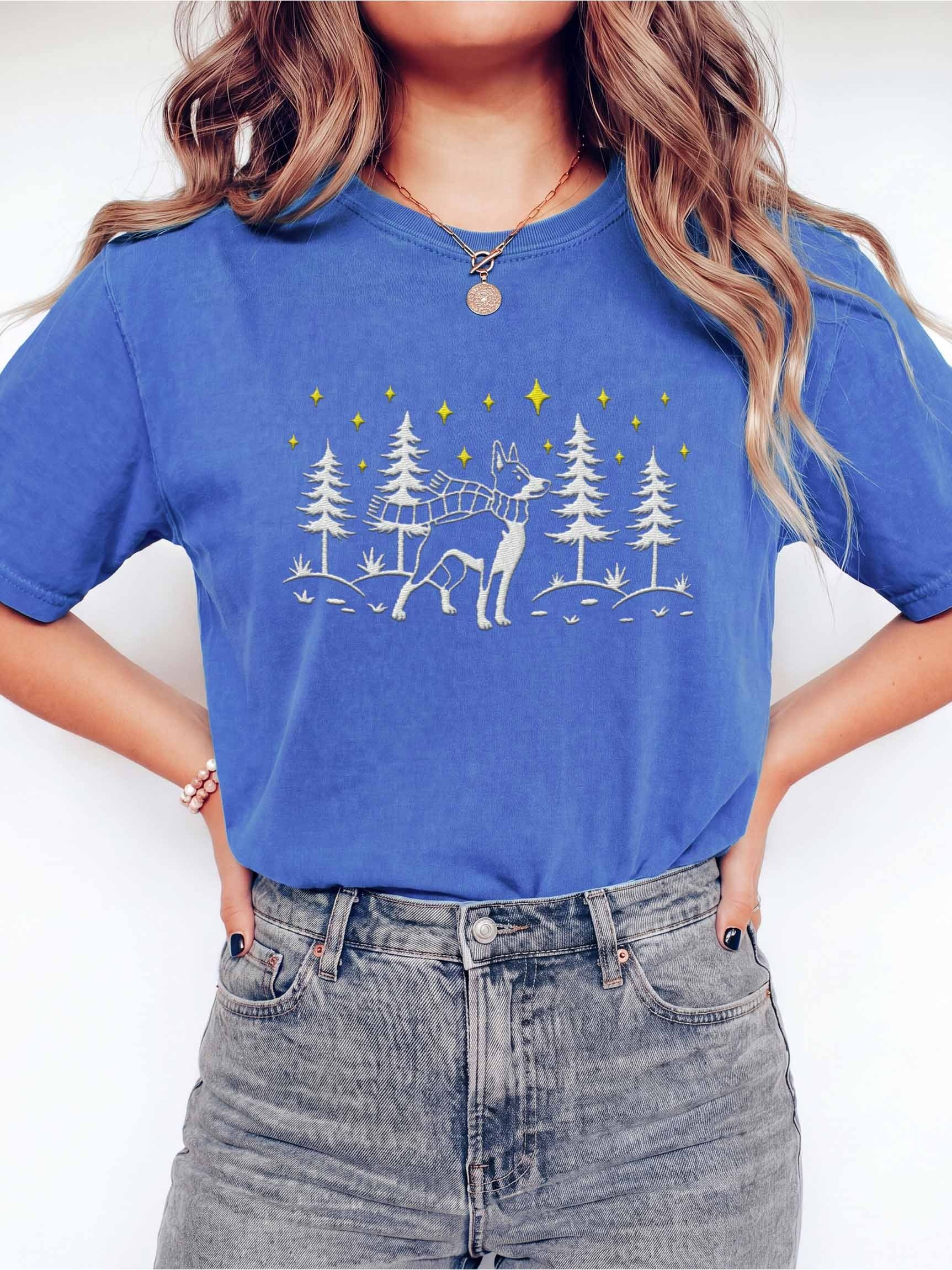 Rat Terrier Winter/Christmas Line Art Design Embroidered T-Shirt product image (2)