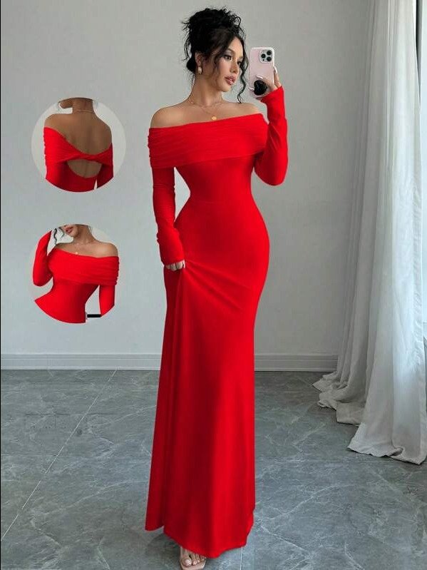 ADLEST Selianne Elegant Tight Fit Long Sleeve Cinched Waist Double Layer Off-Shoulder Open Back Twist Mermaid Hem Stretch Knit Dress, For Women, Autumn/Winter For New Year Clothes Maxi Women Outfit product image (1)