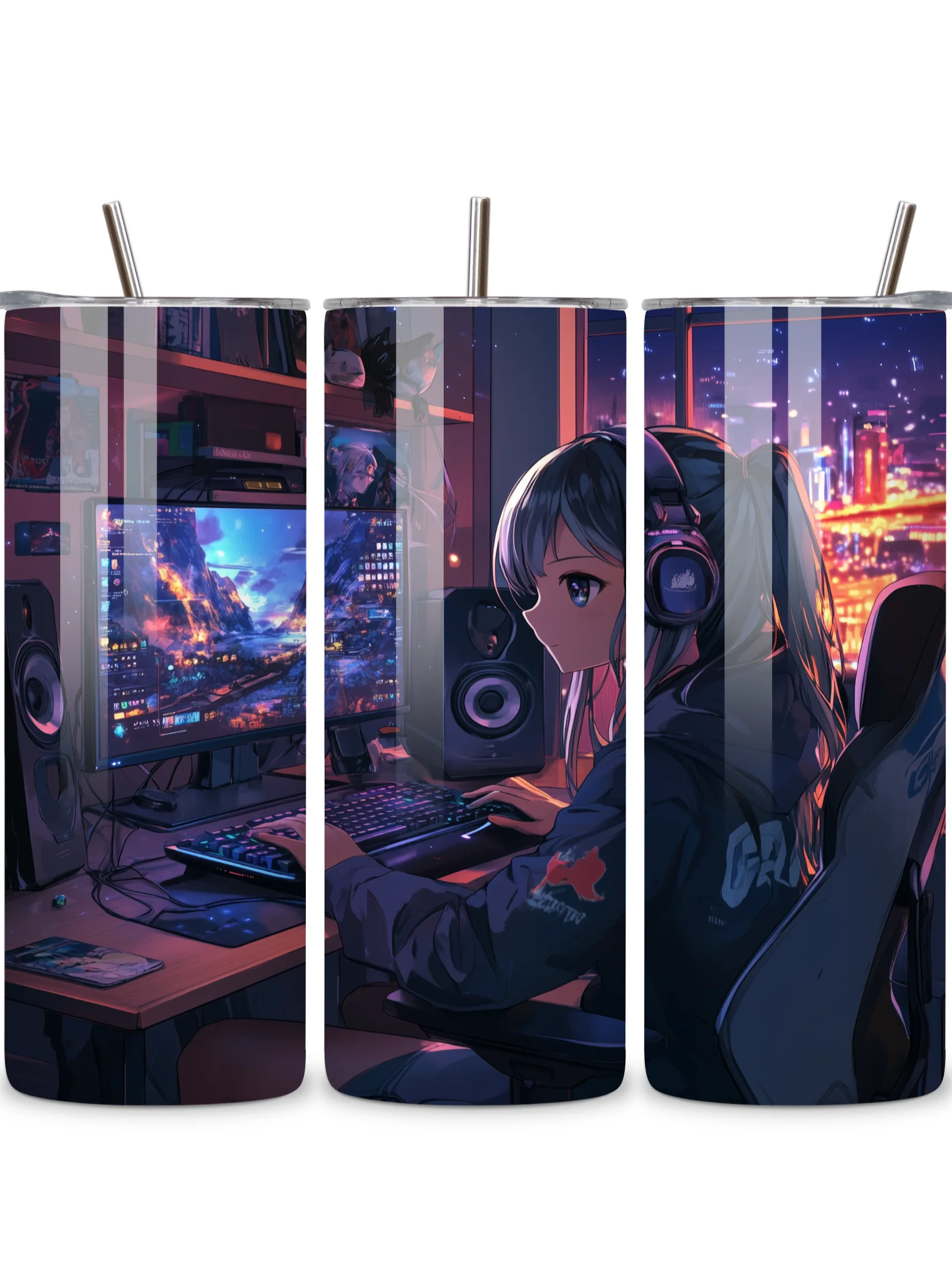 Anime Gamer Girl 20oz Skinny Tumbler with Metal Straw – Vibrant Gaming Setup Design – Double-Walled Insulated Stainless Steel Tumbler Gift for Anime and Gaming Fans (Anime Girl 3) product image (5)