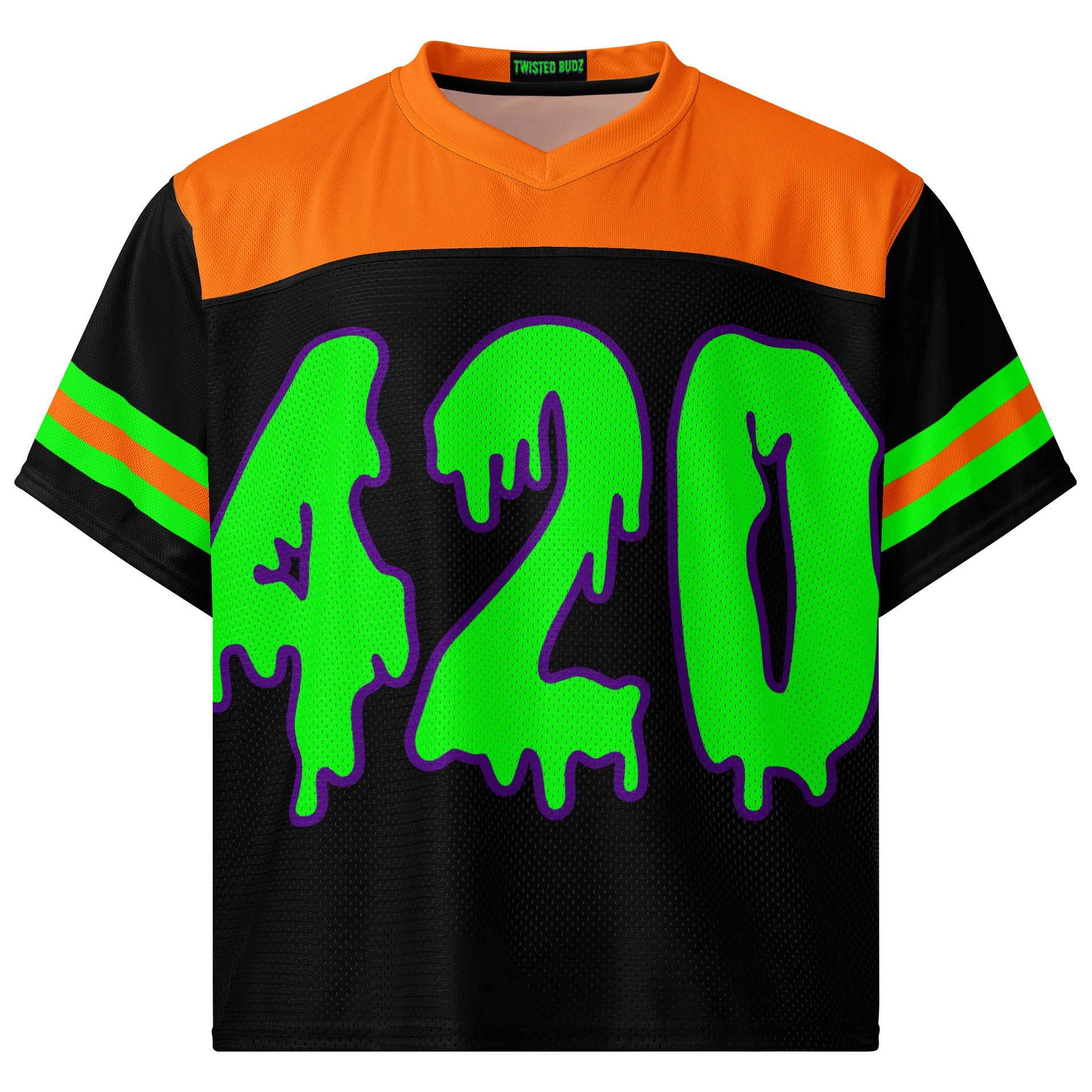 Halloween 420 Boxy Football Jersey, Rave Cannabis Shirt, EDM Stoner Clothes, Weed Fall Festival Fashion, Black Orange Neon Green Raver Top product image (2)