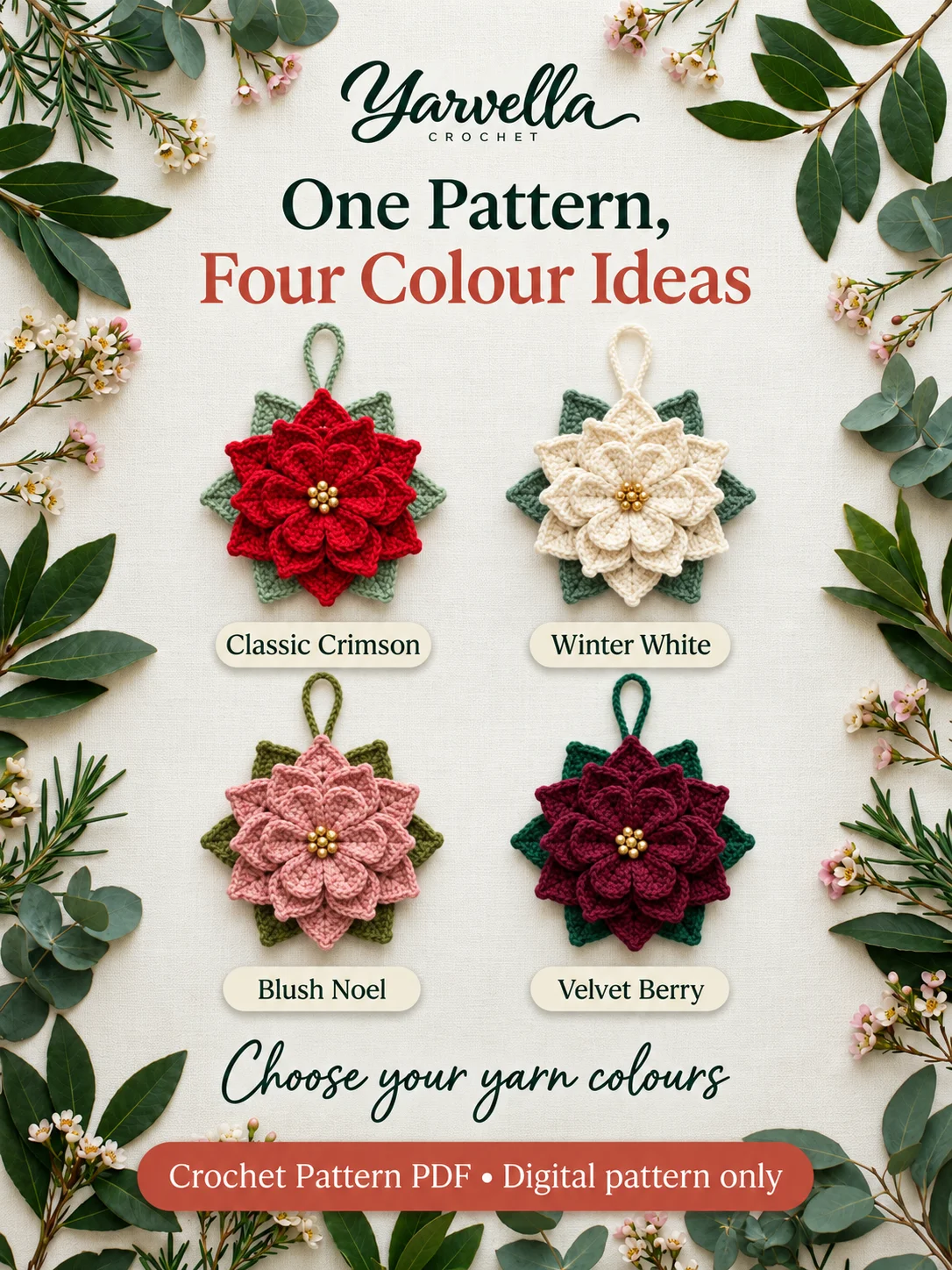3D Christmas Poinsettia Ornament Crochet Pattern PDF – Holiday Tree Decor product image (3)