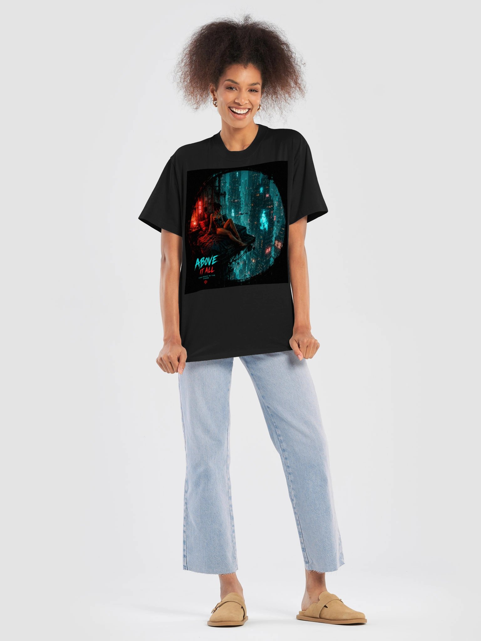 Above It All T-Shirt | Futuristic Cyberpunk Wanderlust Tee | Unisex Black Oversized Shirt product image (8)