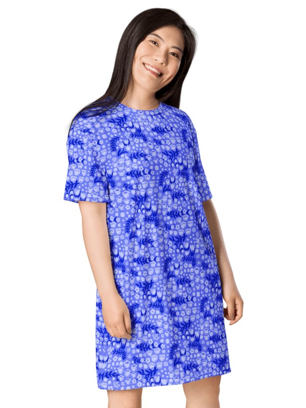 Periwinkle Blue Floral T-Shirt Dress | Coastal Botanical Summer Dress | Relaxed Fit Casual Blue Dress product image (2)