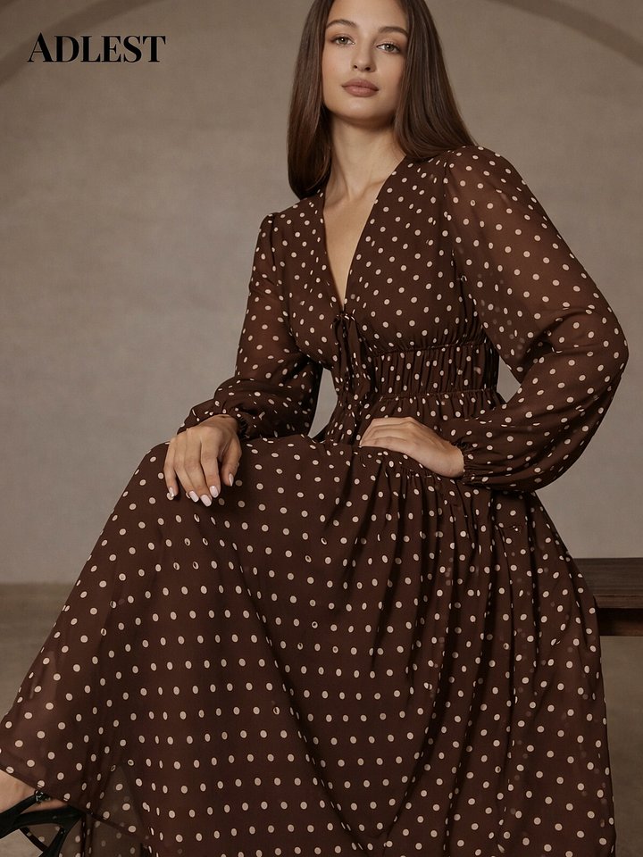 ADLEST Aveloria Rosie Vintage Polka Dot V-Neck Slimming Elegant Tie-Front Fitted Long Sleeve Chiffon Dress product image (1)