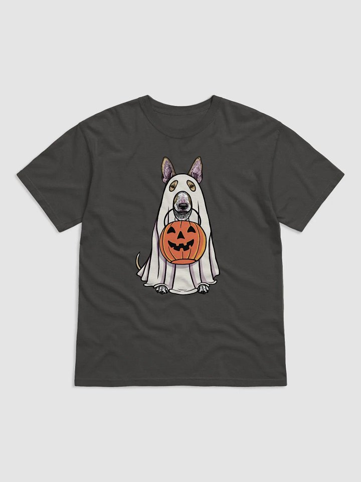 Funny Halloween Bull Terrier(Fawn) T-Shirt | Funny Dog Wearing a Ghost Costume and Holding a Pumpkin Basket product image (1)