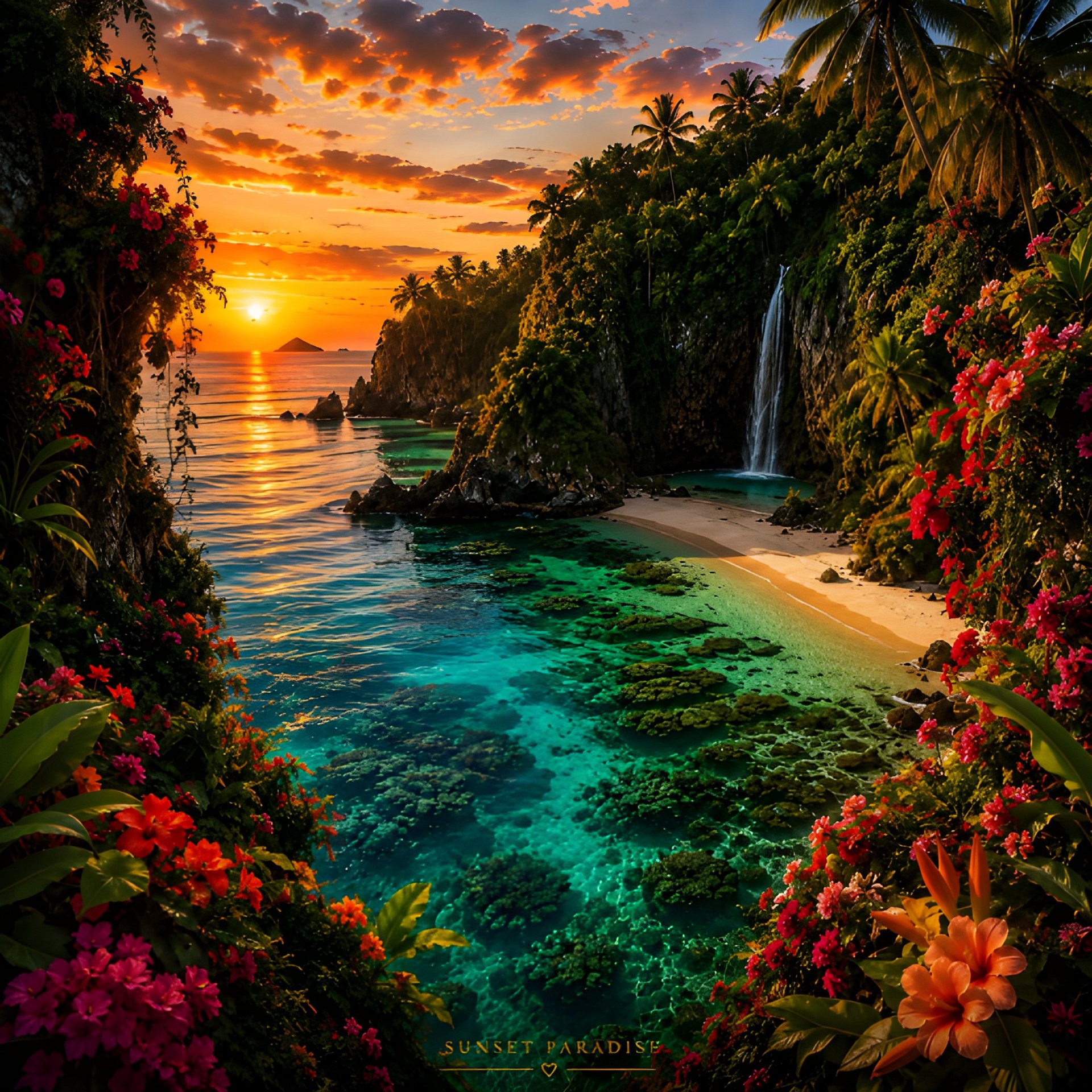 Sunset Paradise Waterfall Beach Wall Art Tropical Cove Digital Download 8K Print product image (2)