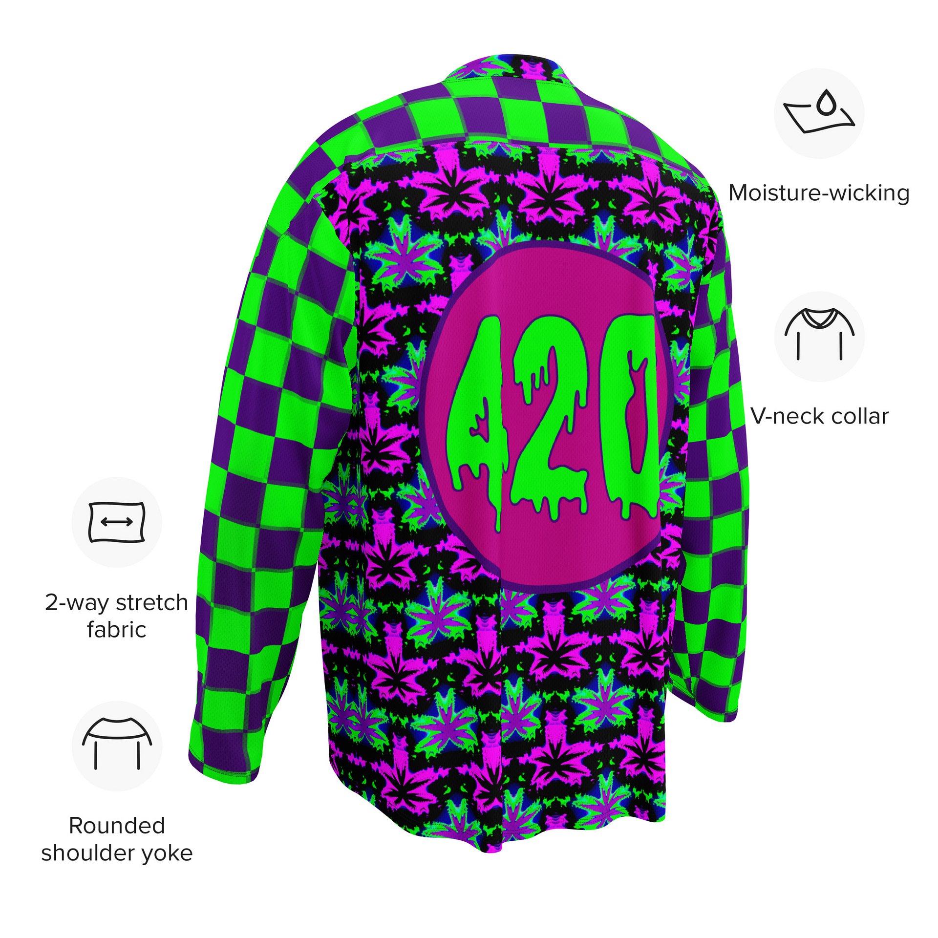 Cannabis Rave 420 Hockey Jersey, Clowncore Checkers Stoner Shirt, Pot Leaf EDM Festival Fashion, Neon Twisted Techno Dance Party Weed Top product image (10)