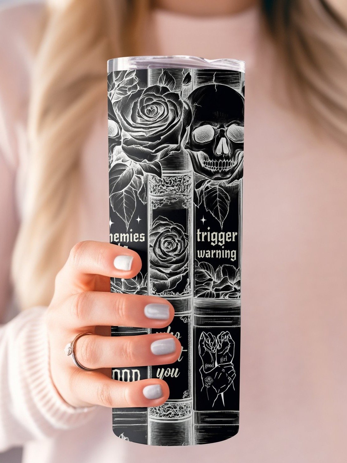 Dark Romance Skull Roses Vintage Black White Book Tropes 20oz Skinny Tumbler PNG, Seamless Full Wrap Sublimation Design, Digital Download product image (4)