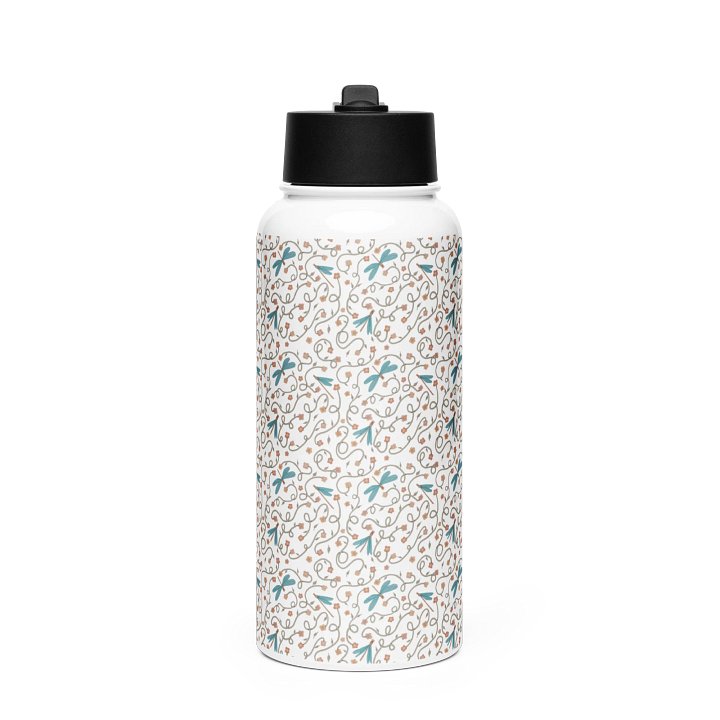 Stainless steel water bottle with straw lid. Dragonfly and floral artistic design product image (1)