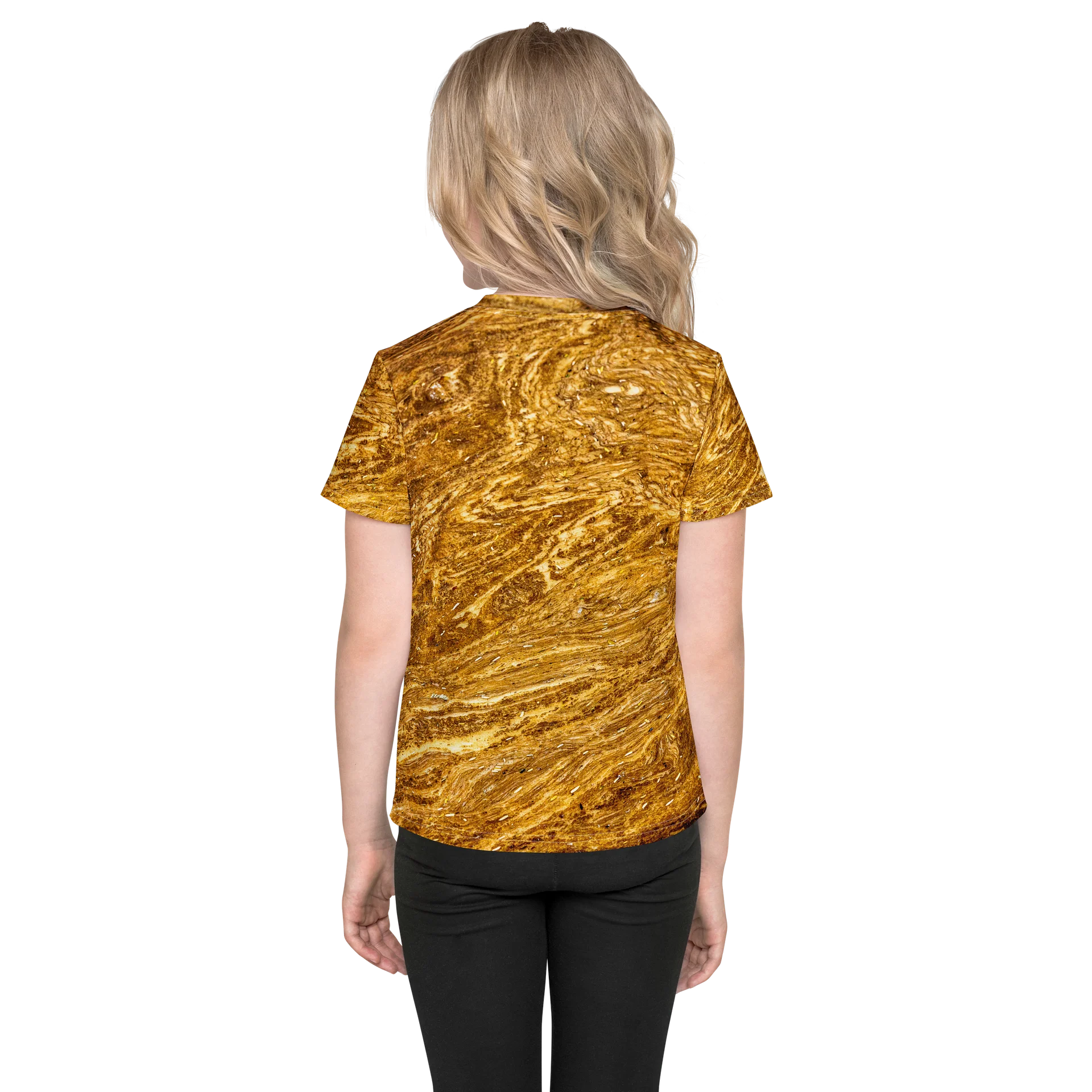 Golden Strata: Earthy Swirl Marble Pattern Kids Crew Neck Tee | Full Print Golden Ochre Toddler Shirt | Everyday Nature Casual Top product image (2)