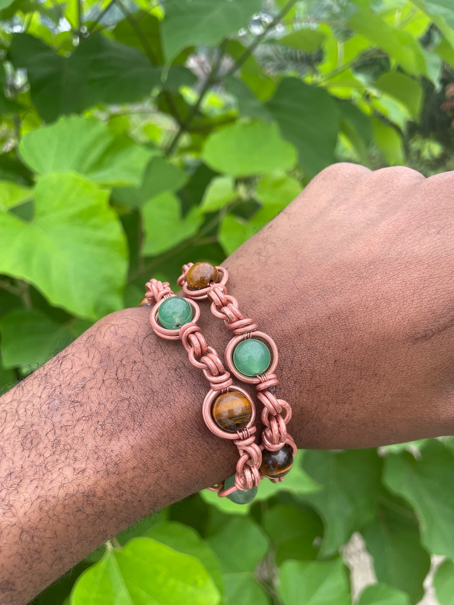Handcrafted copper bracelet with Tiger Eye and and Green Aventurine gemstone product image (2)