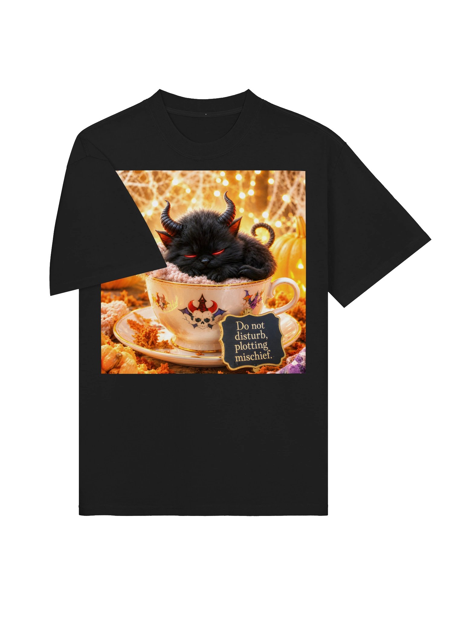 Black Faded Oversized Unisex T-Shirt | Funny Demon Cat Halloween Gift for Cat & Tea Lovers Tee product image (5)