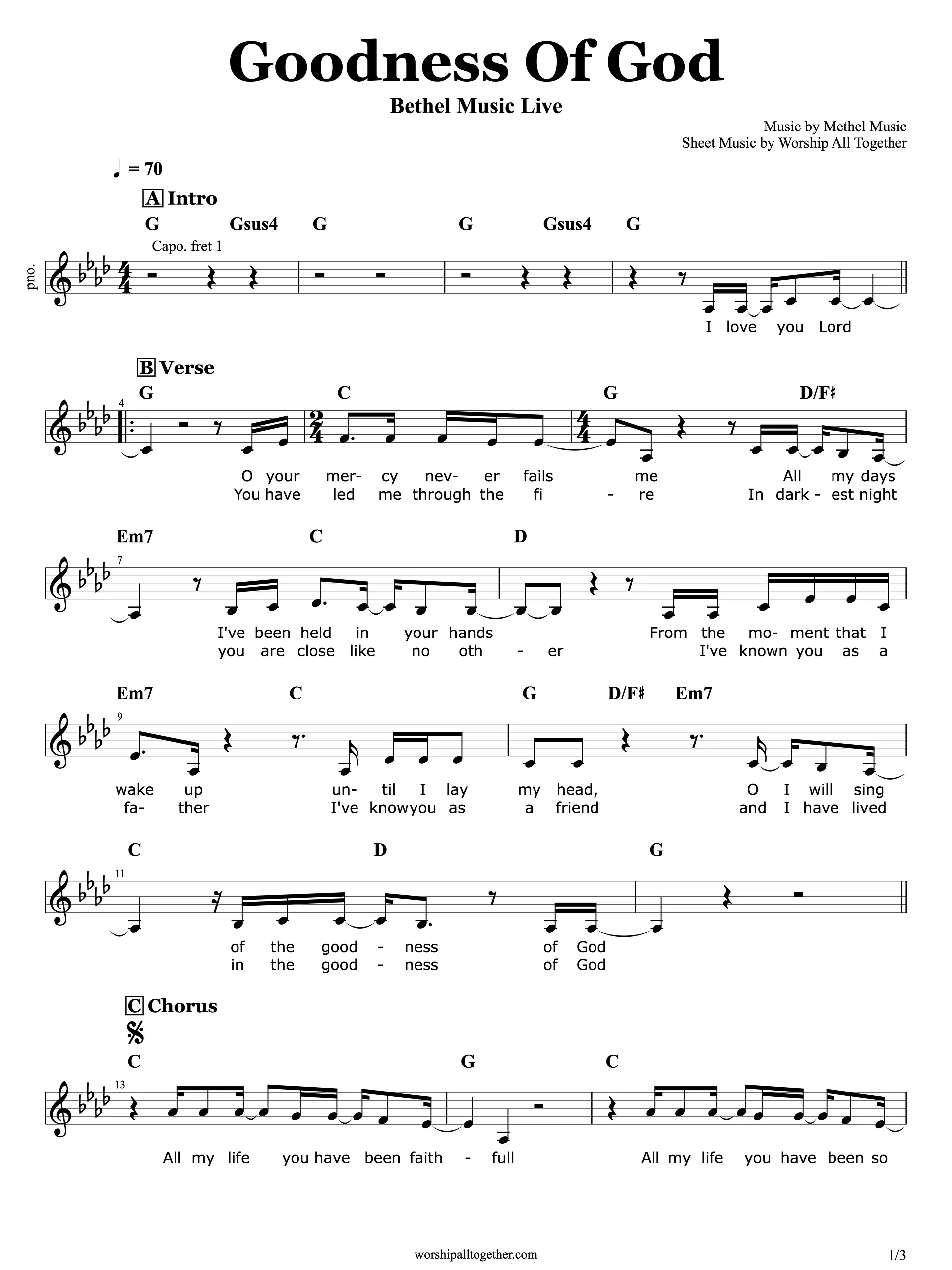 Goodness Of God (Original Key) Bethel Music | Sheet Music, Chord, Lyrics product image (1)